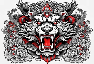 Sleeve tattoo 
Black and white, grey with red and scarlet accent. Japanese Shisa Okinawa, Thai yak/giant and Thai naga. Image of protection. tattoo idea