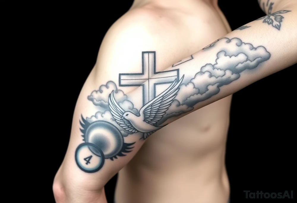 Big cross with clouds in the back everywhere  with a dove a the bottom left of the forearm with a blue circle ring it and the number 4 to the of the dove with whole tattoo covering the whole forearm and add fire and make sophisticated tattoo idea