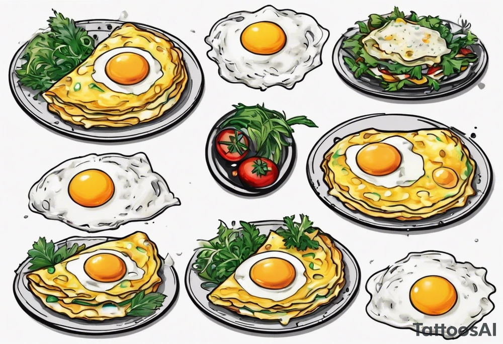 A round omlette, thin 5 fried eggs with salt pepper and a bit greens and shredded cheese on the top tattoo idea