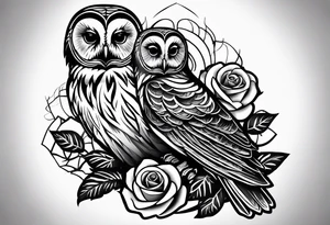 Barred owl and a rose with writing “but the greatest of these is love” tattoo idea