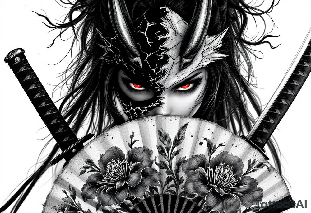 Woman samurai with red eyes wearing an half and broken kitsune mask, holding katanas and japanese fan with Iris flowers tattoo idea