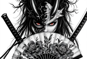 Woman samurai with red eyes wearing an half and broken kitsune mask, holding katanas and japanese fan with Iris flowers tattoo idea
