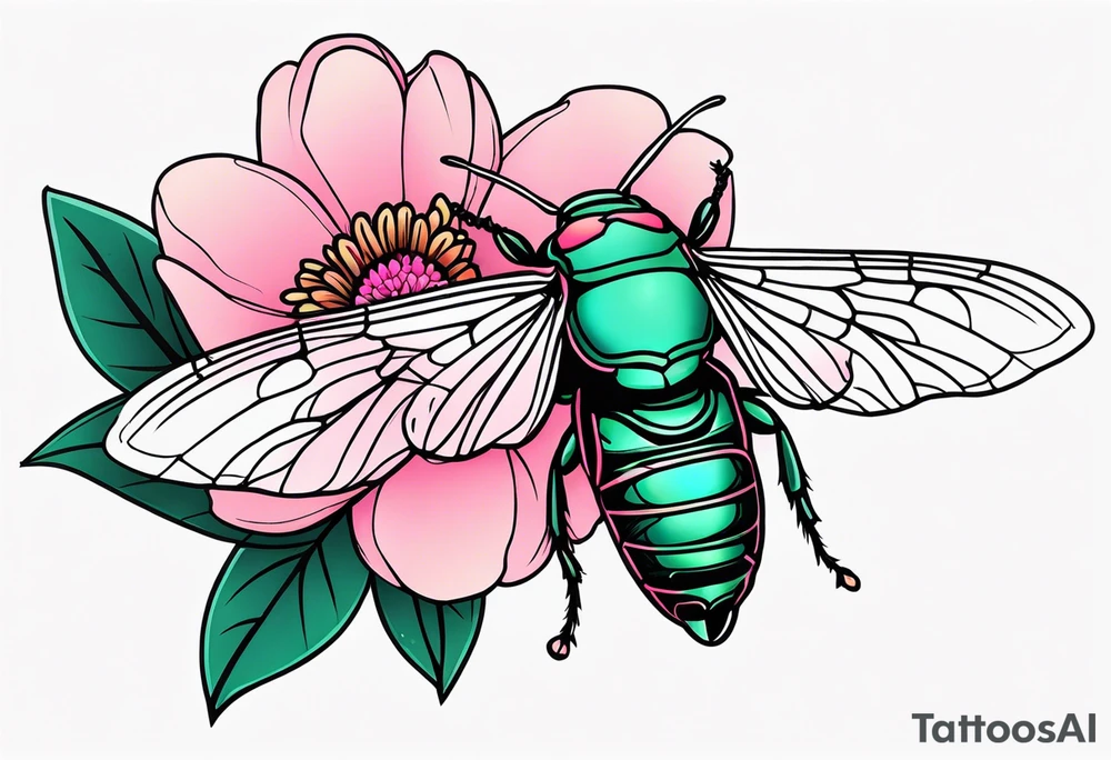 Neo traditional Cicada and pink flower tattoo idea