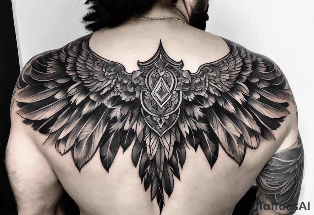 wings tattoo extending from a mens shoulders, covering the upper arms and upper back. The feathers are intricately detailed, with soft shading in black and gray to create depth and texture. tattoo idea