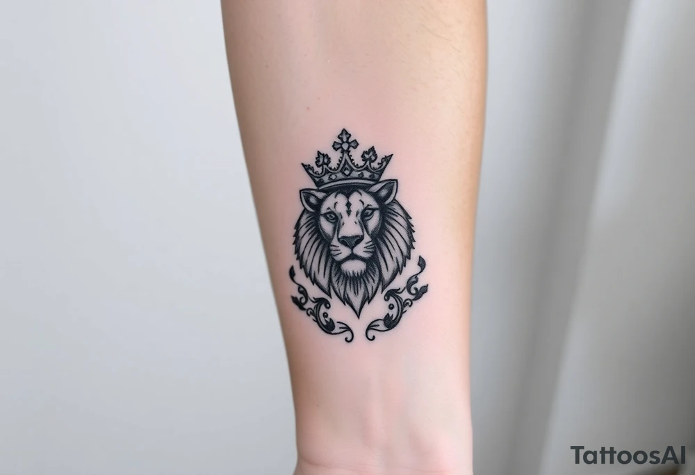 majestic lion wearing ornate crown, surrounded by baroque flourishes tattoo idea