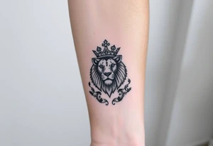 majestic lion wearing ornate crown, surrounded by baroque flourishes tattoo idea