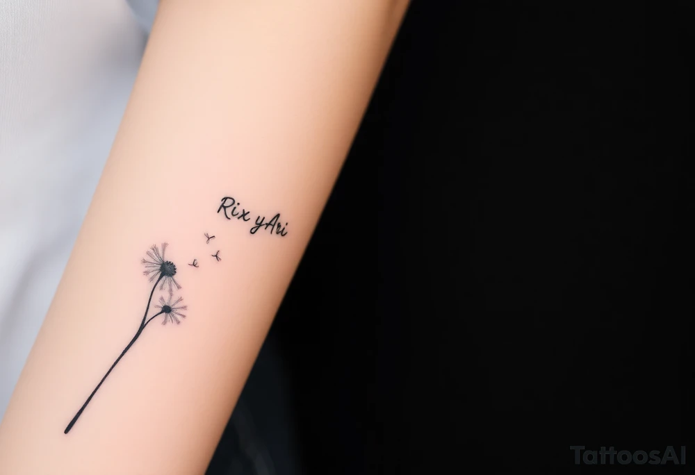 Rix Rys Ari realistic watercolor This image features a delicate dandelion tattoo on a person’s skin, with fine lines and soft shading. The dandelion’s stem extends from the bottom left corner, leading to the detailed flower head, which appears to be dispersing its seeds. The seeds are shown floating away in a natural, wind-swept motion, symbolizing freedom, change, and new beginnings.

The tattoo has a subtle watercolor effect with a gentle pinkish hue around the base of the dandelion, adding depth and softness to the design. The fine-line work gives it a refined and elegant look. tattoo idea