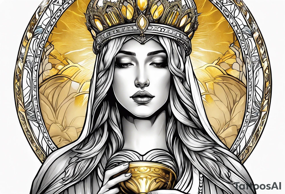 holy saint woman turned away with golden halo holding a chalice tattoo idea