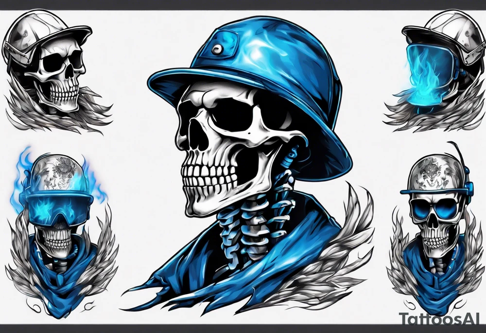 A skeleton welding with blue fire behind, with a welding mask tattoo idea