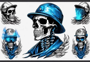 A skeleton welding with blue fire behind, with a welding mask tattoo idea