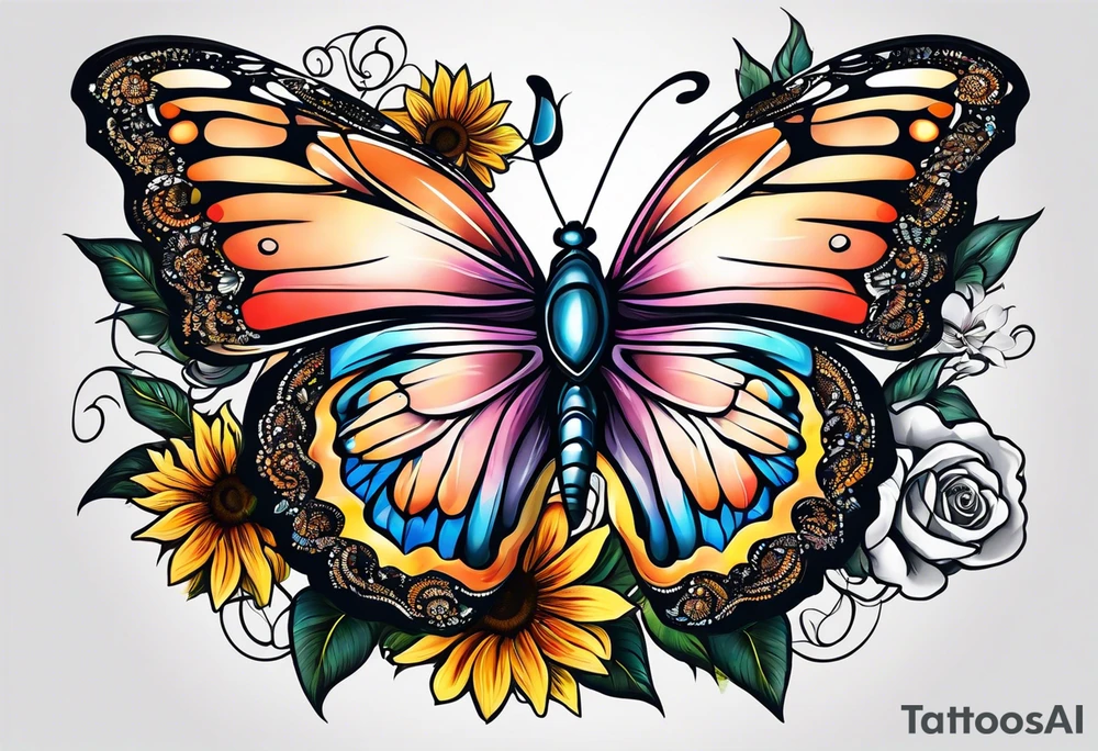 animal butterfly , flower rose, sunflower, tattoo idea