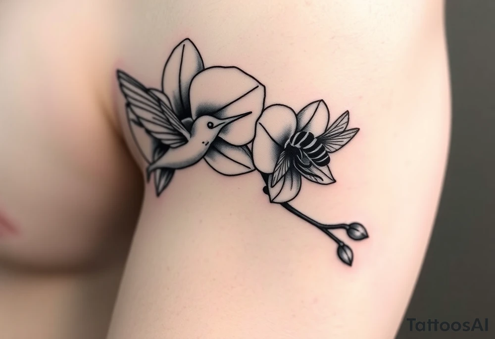 A delicate, black and white fine-line tattoo for male, featuring gracefully detailed 2 orchids in full bloom including their stems, with soft, intricate petals and elegant curves. Beside it, a hummingbird hovers mid-flight, its wings drawn with subtle motion lines, its slender beak reaching toward the orchid’s center to drink its nectar. on the other flower there is a bee that is resting tattoo idea