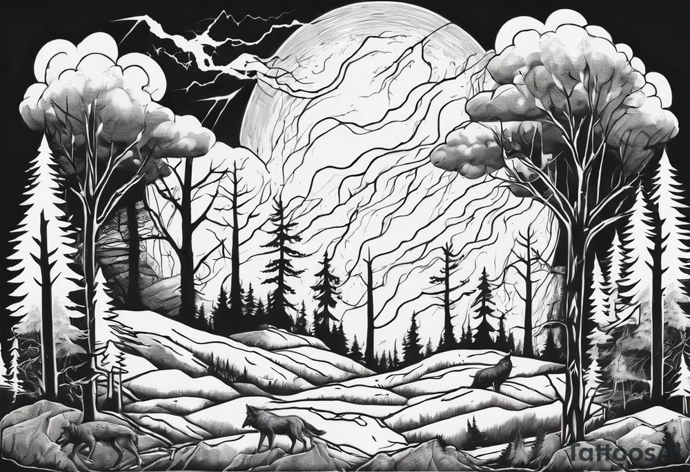 a thunder and lightning storm over a forest with a distant wolf howling and a drum circle tattoo idea