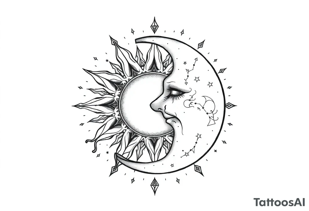 celestial sun and moon embrace with constellation patterns tattoo idea celestial sun and moon embrace with constellation patterns tattoo idea