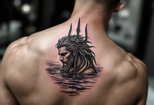 fit young poseidon with trident half way in calm water tattoo idea