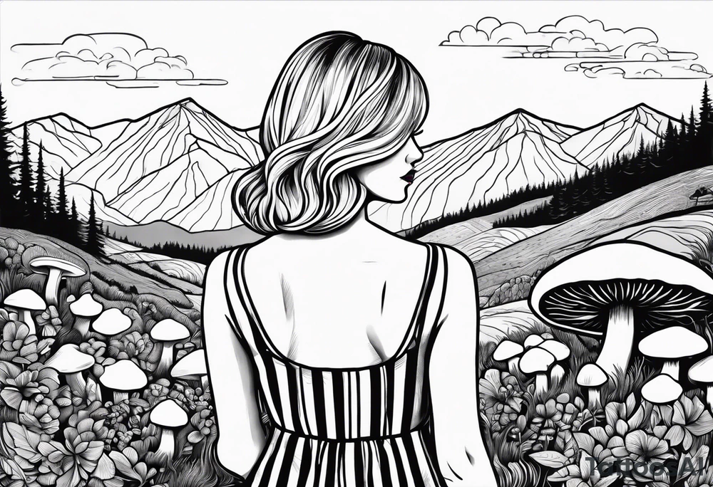 Straight blonde hair girl holding mushrooms in hand facing away toward mountains surrounded by mushrooms circular design black and white striped dress tattoo idea