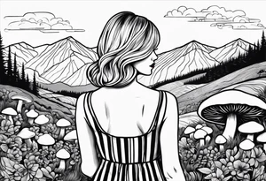 Straight blonde hair girl holding mushrooms in hand facing away toward mountains surrounded by mushrooms circular design black and white striped dress tattoo idea