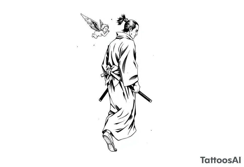 A solemn Japanese samurai (or ronin) in traditional hakama and kimono, walking in profile view. A small winged cherub or angel is floating behind him, reaching out with its hand towards his back. Black and white ink sketch, high contrast, monochrome, manga style, clean lines, dynamic composition, with ink splatter details on a white background. --ar 1:1 tattoo idea