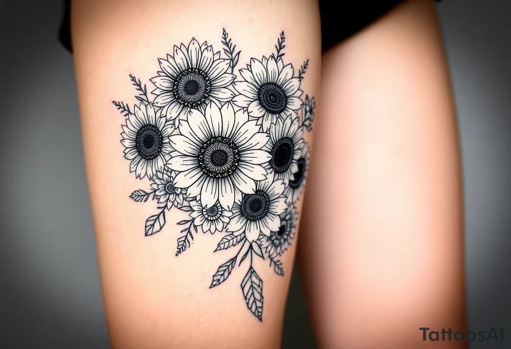 Bouquet of sunflowers, water Lillies, dahlias, marigolds, carnations, hydrangeas, daisys, and chrysanthemums tattoo idea