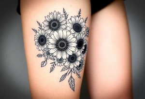 Bouquet of sunflowers, water Lillies, dahlias, marigolds, carnations, hydrangeas, daisys, and chrysanthemums tattoo idea