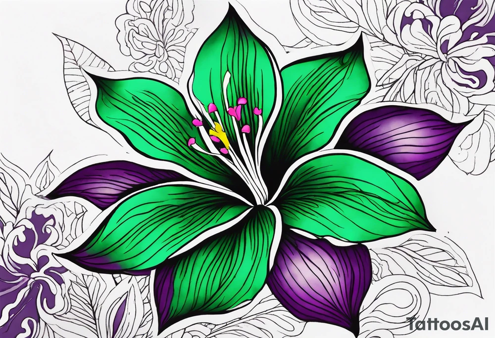 A mystical outline of a rio dipladenia flower with green/purple pedals and a green/purple watercolor splash in the background tattoo idea