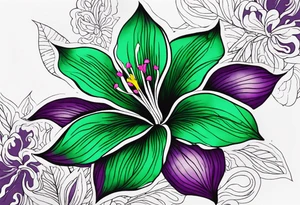 A mystical outline of a rio dipladenia flower with green/purple pedals and a green/purple watercolor splash in the background tattoo idea