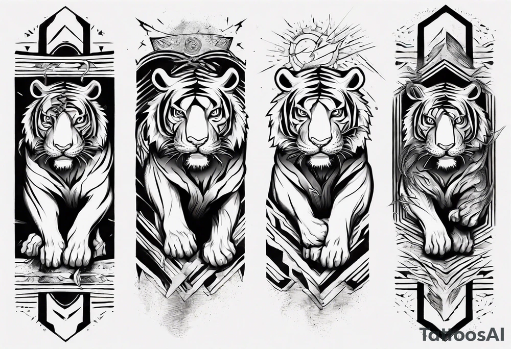 Ancient tiger with lightning and a sun for a forearm sleeve. With patterns surrounding it tattoo idea Ancient tiger with lightning and a sun for a forearm sleeve. With patterns surrounding it tattoo idea