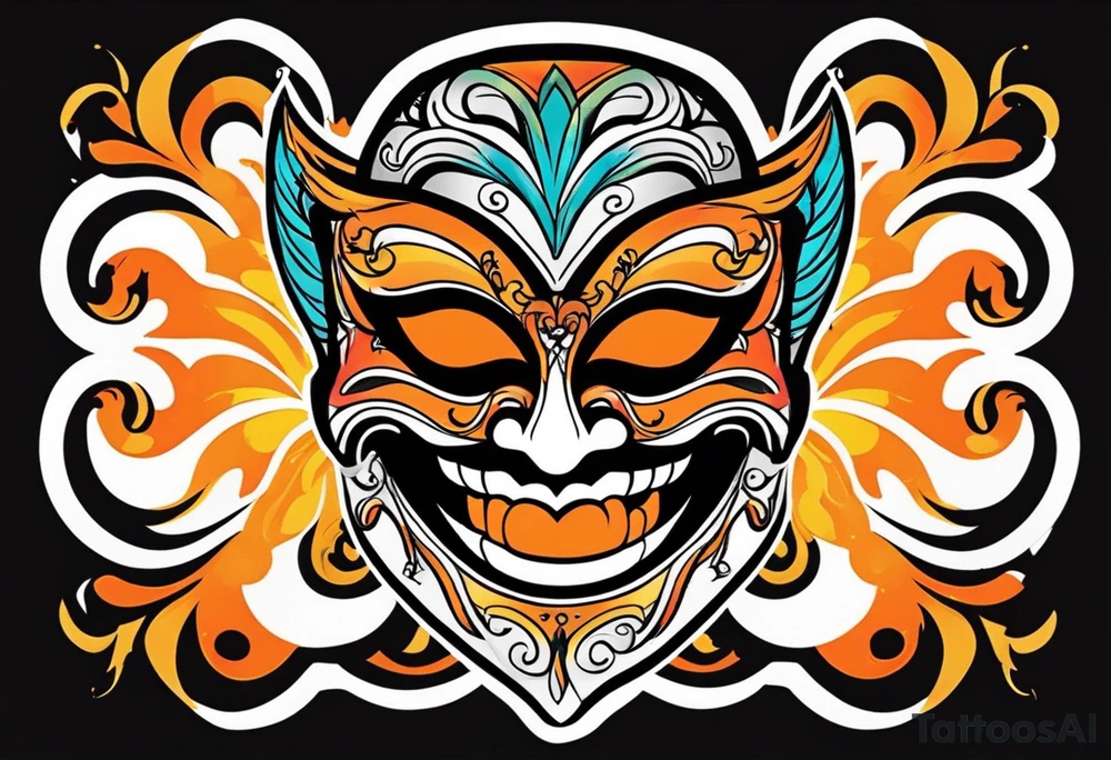 Laughing Male masquerade mask with orange and black smoke tattoo idea