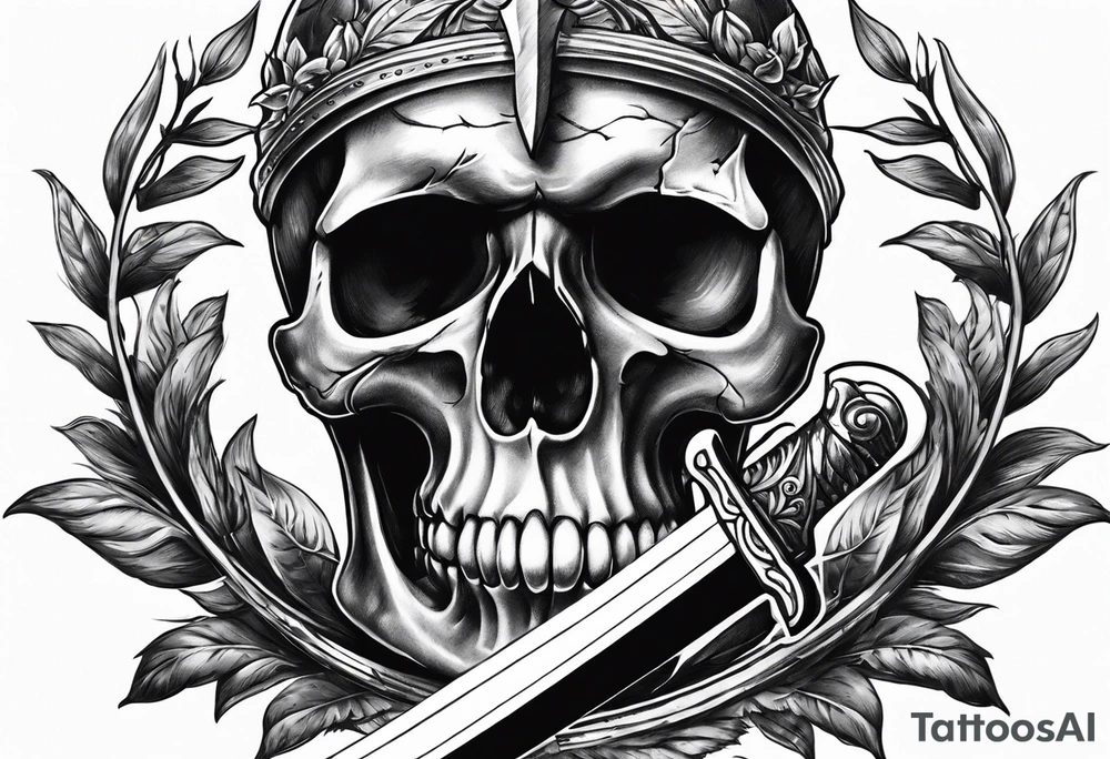 Skull with sword through it and laurel wreath. tattoo idea