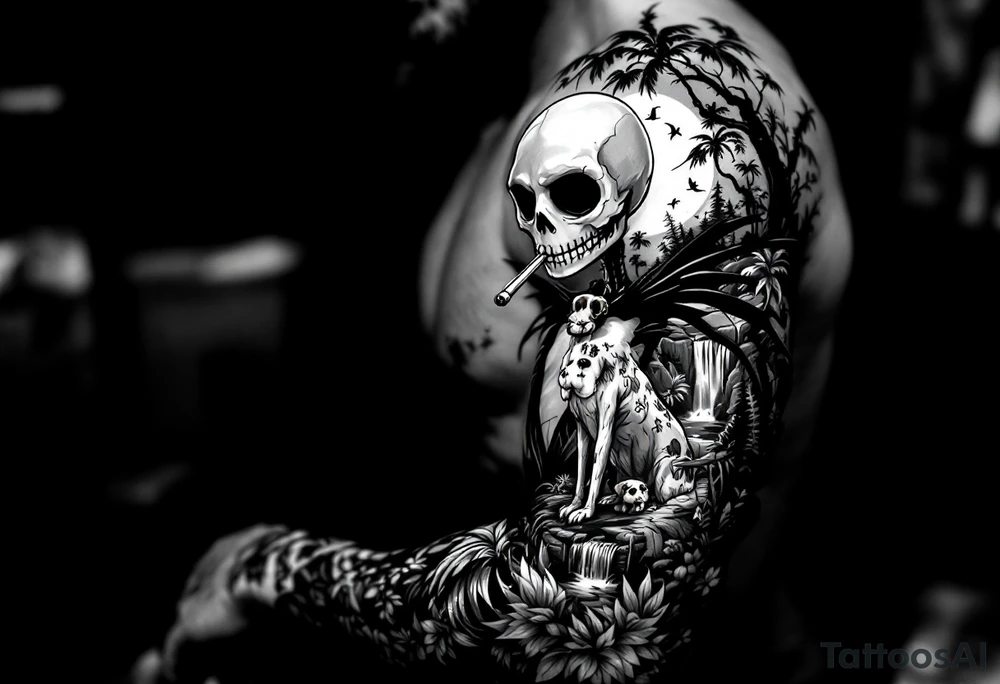 jack skellington with dog smoking a blunt, in nature jungle, waterfall, birds, palm trees tattoo idea