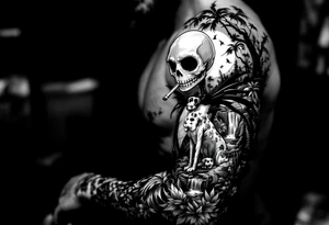 jack skellington with dog smoking a blunt, in nature jungle, waterfall, birds, palm trees tattoo idea