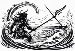posseidon with his trident in the water fighting a sea water monster tattoo idea