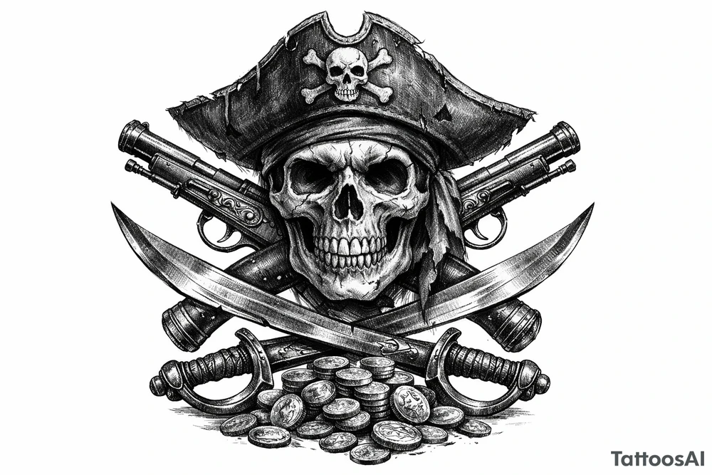 Black and grey skull with pirate hat, crossed flintlock pistols, sabers, and scattered gold coins. tattoo idea