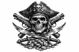 Black and grey skull with pirate hat, crossed flintlock pistols, sabers, and scattered gold coins. tattoo idea