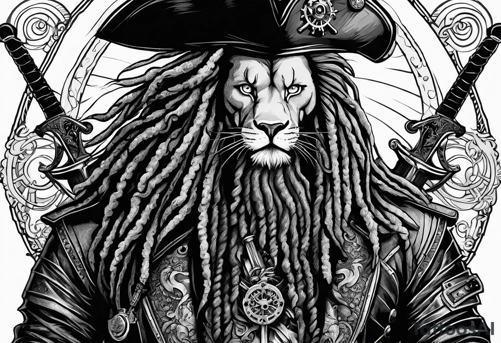 Pirate lion wearing jacket, sword and pistol, nautical steampunk theme. dreadlocks. tattoo idea