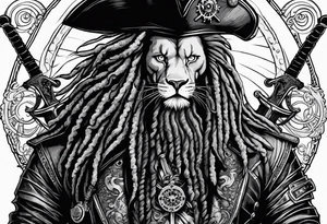 Pirate lion wearing jacket, sword and pistol, nautical steampunk theme. dreadlocks. tattoo idea
