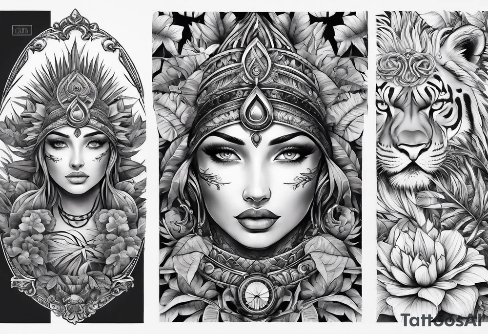 full arm sleeve tattoo with all-seeing eye and jungle plants tattoo idea