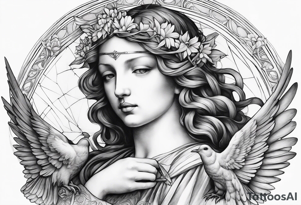 Angel with a Dove and Leonaro Da vinci Sleeve tattoo idea