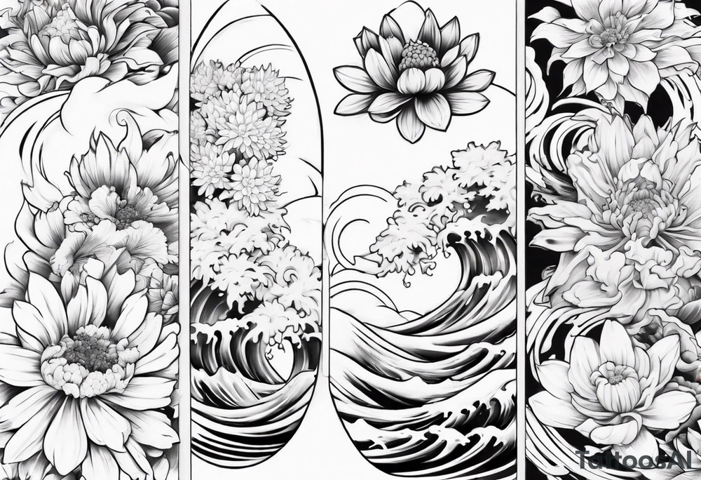 tattoo Japanese style with daffodils, chrysanthemum and waves background tattoo idea
