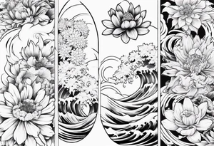 tattoo Japanese style with daffodils, chrysanthemum and waves background tattoo idea