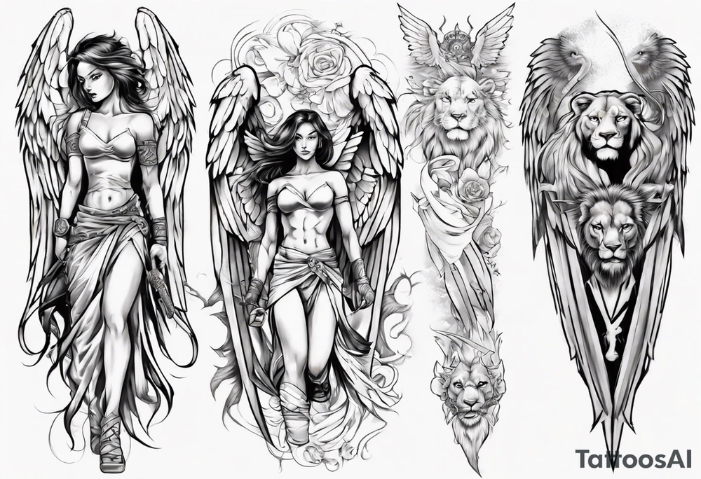 Full arm sleeve with a female Angel warrior at the top of the sleeve with her wings wrapped around the top half of the arm until the elbow. At the bottom of the sleeve a females face with a lion tattoo idea