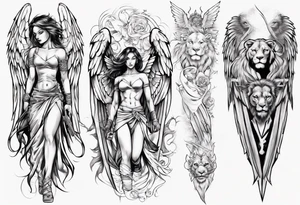 Full arm sleeve with a female Angel warrior at the top of the sleeve with her wings wrapped around the top half of the arm until the elbow. At the bottom of the sleeve a females face with a lion tattoo idea