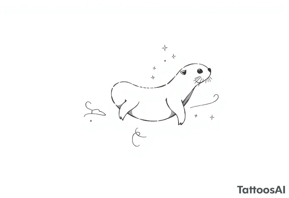 Dopamine molecule behind the outline of a gracefully swimming otter with flourish lines and stars tattoo idea