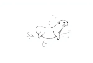 Dopamine molecule behind the outline of a gracefully swimming otter with flourish lines and stars tattoo idea