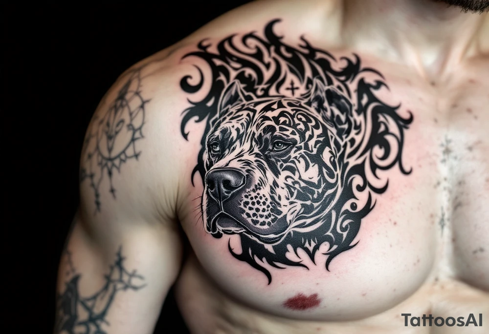 Realistic pitbull bust with tribal patterns, grayscale pitbull head seamlessly merging into black tribal swirls and geometric motifs. tattoo idea