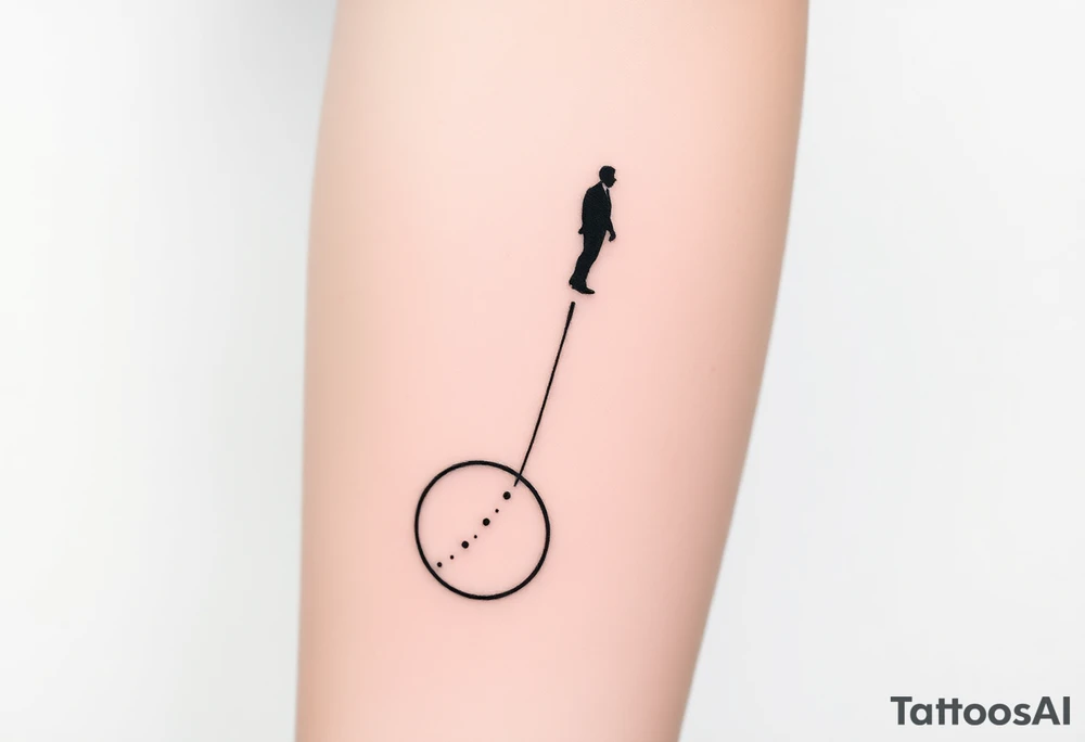 Minimalist forearm tattoo, black ink only, representing legacy and father-son connection. Two interlocking circles along an ascending abstract path, one fading at the bottom (father) and one growing solid at the top (son), symbolizing the torch passed. Fine particles rising along the line show guidance and energy. Subtle abstract figure of father integrated above. Include date VI·IV·MMXXIII and optional phrase “Building what he couldn’t”. Clean, fine-line, vertical layout for forearm, minimal yet deeply emotional. tattoo idea