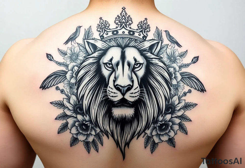 powerful majestic lion with a crown, surrounded by floral ornaments and birds tattoo idea