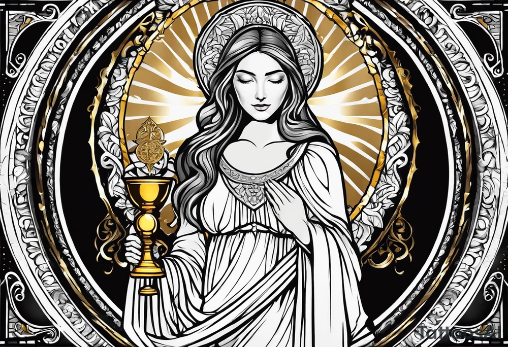 holy saint woman turned away with golden halo holding a chalice tattoo idea