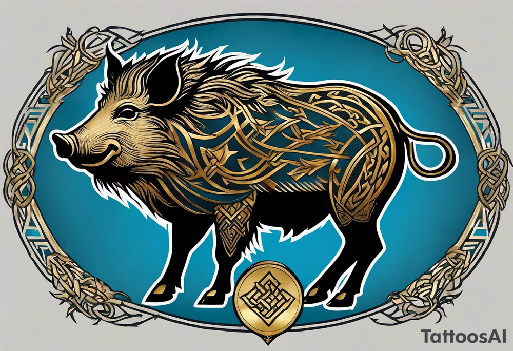 Side profile, Celtic, tribal, wild boar, On a Chatwin family crest with blue background, two gold stars, and a gold Chevron, and a Thistle tattoo idea