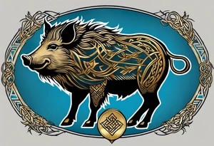 Side profile, Celtic, tribal, wild boar, On a Chatwin family crest with blue background, two gold stars, and a gold Chevron, and a Thistle tattoo idea